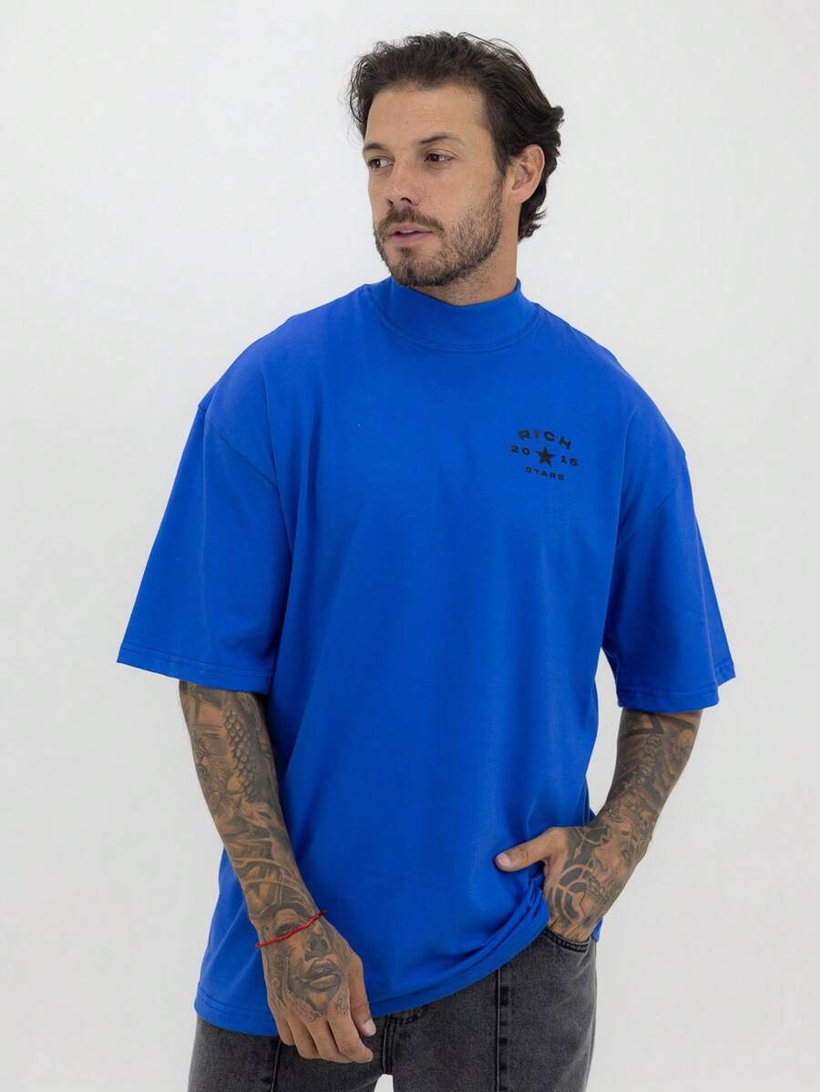 Camiseta Oversized Gola Alta Star Black Alto Relevo Streetwear Algodão Premium