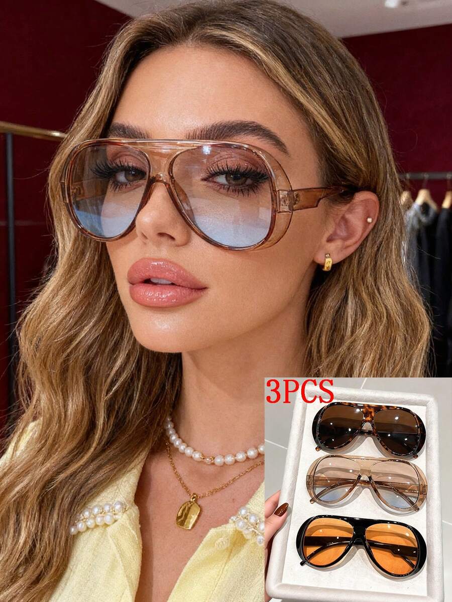 3副玳瑁色和黑色超大飞行员/航空风格蛙眼时尚眼镜，美国个性化定制，夏季海滩配饰，渐变镜片，女士时尚蛙眼眼镜，四季皆宜，凹面镜片，同款 - 3pcs(透茶色和豹紋和黑色) - 查看 1