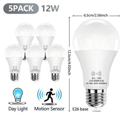 This Package Contains 5 Kasotile 12W Radar Sensor Light Bulbs That Automatically Switch From Dusk To Dawn. They Have An E26 Base, Equivalent To An 80W Incandescent Bulb, Producing 1000 Lumens Of 6000K Cool White Light, Making Them Ideal For Office Use In Dark Night Environments.