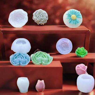 6件套玫瑰、牡丹、菊花硅胶模具，适用于DIY香薰蜡烛、石膏装饰工艺品