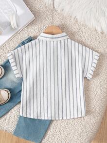 Boys' Blue & White Vertical Striped Short Sleeve Button-Up Shirt, Suitable For Back To School, Vacation, Street Style & Daily Wear - Navy Blue - View 2