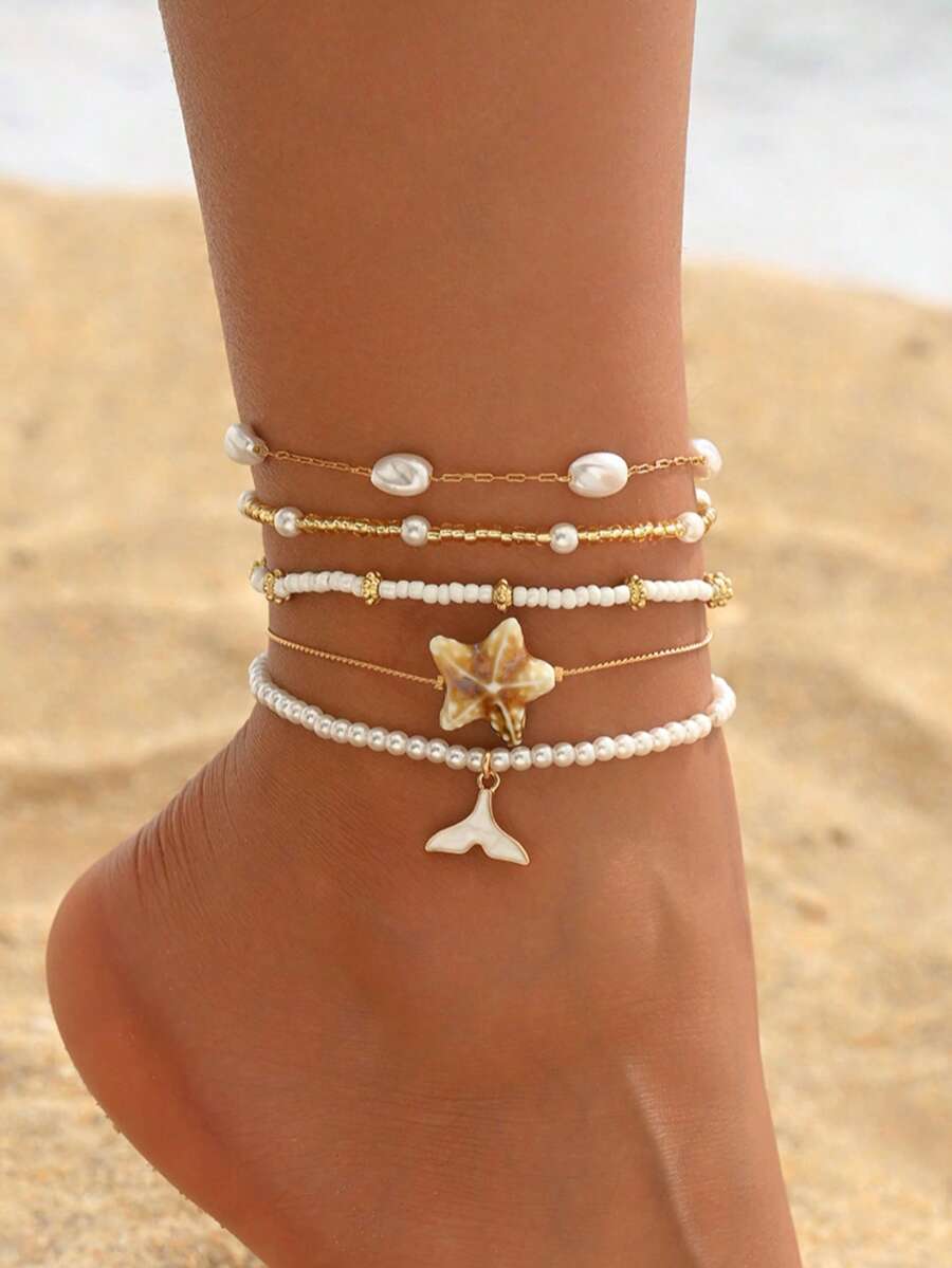 5件套精致海星和美人鱼尾巴吊坠串珠多层脚链，适合青少年日常/度假佩戴，串珠数量随机。 - 彩色 - 查看 1