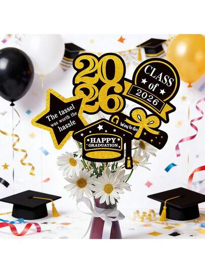 Bộ 5 món trang trí tốt nghiệp, hình mũ tốt nghiệp ngũ giác năm 2026, dùng làm vật trang trí bàn tiệc, đồ trang trí tiệc tốt nghiệp, quà tặng tiệc, đồ trang trí lễ tốt nghiệp.