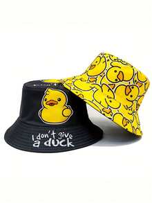 Reversible Cartoon Duck Print Bucket Hat, Suitable For Outdoor Travel And Beach - A - View 3