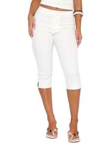 Women Side Slit Capri Pants Stretchy Slim Fit Capris Yoga Leggings Y2k Knee Length Going Out Cropped Pants - 白色 - 查看 4