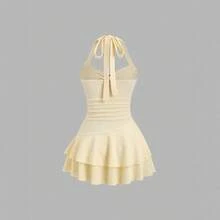 Women's Beach Vacation Elegant Textured Fabric Strap Front Ruched Metal Decorated Ruffle Mini Dress - 黃色 - 查看 2