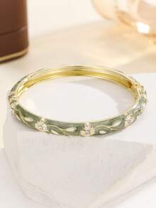 1pc Fashion New Rhinestone Enamel Flower Pattern Cloisonne Bangle Bracelet, Jewelry Gift For Women & Girls - Green - View 4
