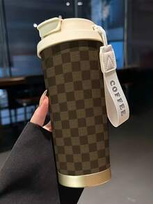 1pc 18oz Stainless Steel Insulated Travel Mug. Brown Plaid Themed Print. Comes With Hand Strap. Comes With A Straw. Outdoor Cup. Travel Mug. Coffee Cup. Birthday Gift. Christmas Gift. Halloween Gift. - Multicolor - View 4