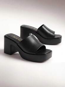 Women Fashion Chunky Platform Mule Sandals Elegant Summer Slip On Square Open Toe Heeled Sandals For Outgoing School Party Prom - 黑色 - 查看 1