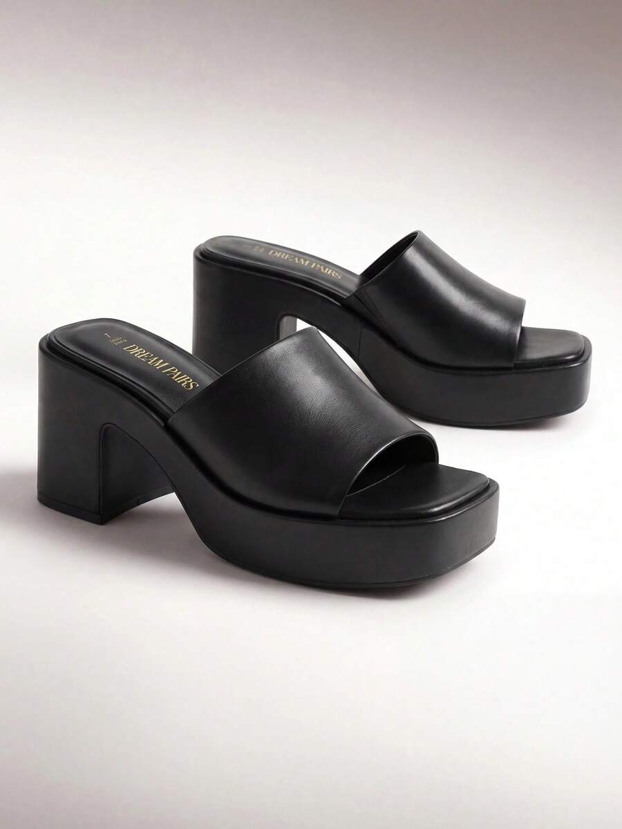 Women Fashion Chunky Platform Mule Sandals Elegant Summer Slip On Square Open Toe Heeled Sandals For Outgoing School Party Prom - 黑色 - 查看 1