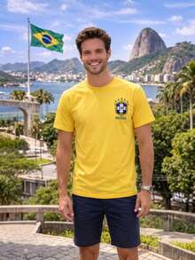 Brazil T-Shirt, Blouse, World Cup Family, All Sizes, CBF Shield, Unisex, Celebration Of The Brazilian National Team, 100% Cotton, Elections, Patriotic - 黃色 - 查看 3