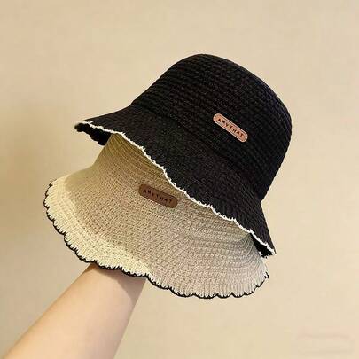 1pc Spring/Autumn New Solid Color Casual Bucket Hat, Versatile Outdoor Sun Protection Hat With Leather Label, Fashion