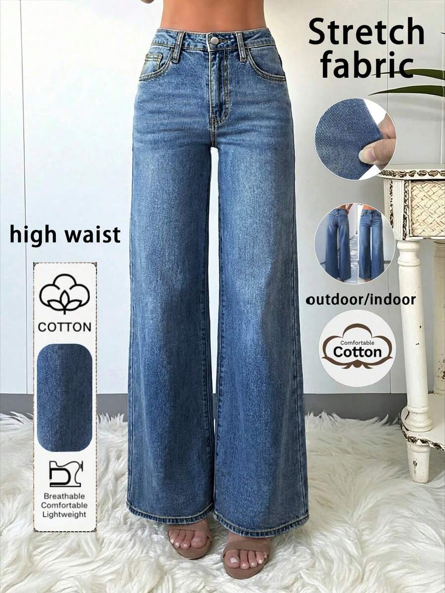 Quần jeans ống rộng thanh lịch và thoải mái dành cho nữ, chất liệu denim, màu trơn đã qua xử lý, dài đến mắt cá chân, độ co giãn vừa phải, thích hợp cho mùa xuân. - Rửa tối - Xem 1