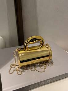 Avant-Garde Shiny Gold Handbag, Party Evening Bag, Glossy Silver Purse, Mini Chain Shoulder Bag, Lipstick & Earphone Pouch, Coin Purse - Gold - View 11