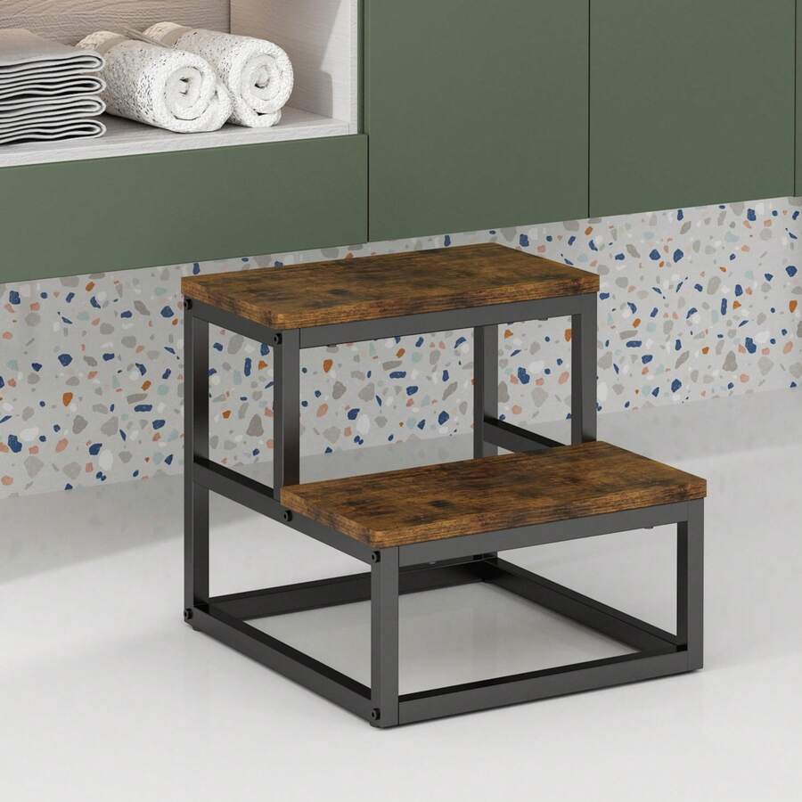 Escalera de dos peldaños resistente, capacidad de carga de hasta 227 kg, con elevador y zapatero para dormitorio, cocina y baño - Marrón, Escalera de baño| Diseño elegante| Escalera - Retro - Ver 1
