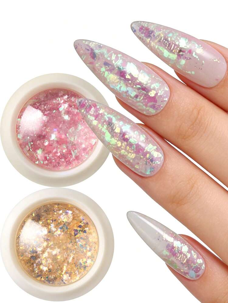 2盒炫彩极光蛋白石美甲亮片，带刷子，粉色黄色美人鱼闪粉亮片，大块全息闪粉，适用于美甲、婚礼装饰、美甲配件 - 彩色 - 查看 2