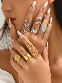 5pcs/Set Fashion Multi-Element Crown Open Ring, Stainless Steel Hollow Heart Ring, Waterproof Non-Fading Finger Jewelry For Women, Holiday Gift & Party Wear - Multiple Elements - View 3