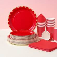 Red & Gold Rim Disposable Tableware Set, 7/9 Inch Party Plates, Disposable Paper Plates & Cups Suitable For Festivals, Weddings, Engagements, Birthdays, Parties, Celebrations - Multicolor - View 1
