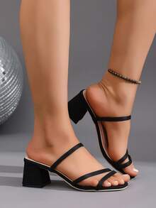 Giày sandal cao gót màu trắng thanh lịch dành cho nữ - Mũi vuông, gót dày, quai giả da, giày công sở phù hợp mọi mùa, gót nhọn - màu đen - Xem 5