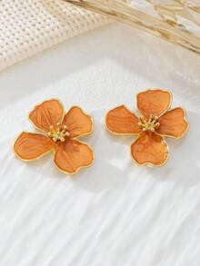 1 Pair Vintage French Style High-End Orange Enamel Flower Earrings, Suitable For Girls To Wear Daily, Festivals, Vacation - Orange - View 4