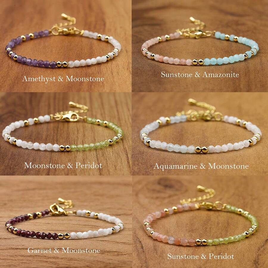 1条简约时尚天然石串珠手链，包含紫水晶、月光石、橄榄石、闪亮宝石，采用3毫米刻面珠子，精致水晶手链，适合女性日常及度假佩戴。