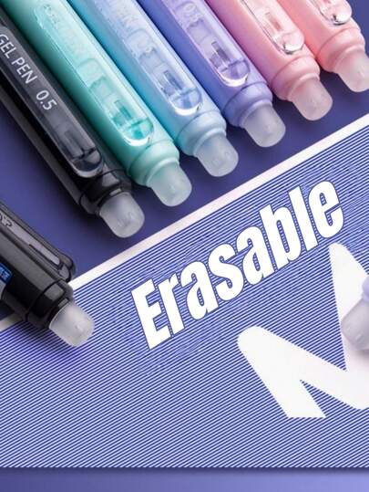 4支装极简可擦圆珠笔，0.5毫米蓝色墨水，笔握柔软，纯色按压式出笔设计，适合学习、办公、考试和返校季使用。