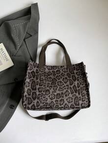 时尚豹纹大容量手提包，女士单肩包，带双口袋，简约设计 - 黑色 - 查看 7