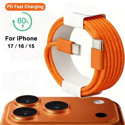 كابل شحن سريع من USB-C إلى USB-C متوافق مع شواحن من 18 واط إلى 60 واط، متوافق مع هواتف 17/16/15، من نسيج نايلون متين باللون البرتقالي الفاخر، يدعم PD، متوافق مع هواتف Galaxy S25/S24/S23/S22