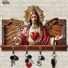 2026Key Holder Wall Wooden 2D Flat Jesus Hanger With 4 Hooks Religious Hanging Decor Entryway Living Room Home - Nhiều màu - Xem 2
