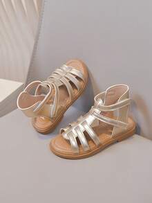 1 Pair Girls' Summer Casual Minimalist Vacation Style Outdoor Open Toe Flat Roman Sandals - Champagne - View 10