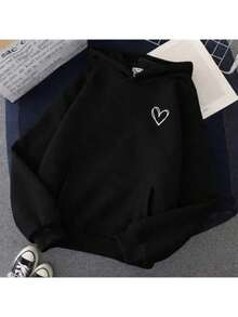 Plain Kangaroo Hoodie With Pocket, Unisex, Heart Design, Cold Weather Sweatshirt - 黑色 - 查看 2