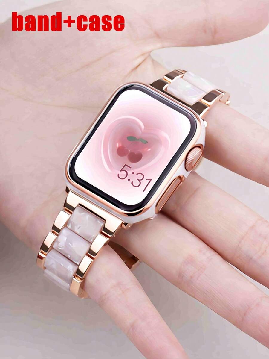 2-In-1 Women Fashion Rose Gold & Shiny White Stainless Steel & Resin Watch Strap With Watch Case Compatible With IWatch 40mm 41mm 44mm 45mm,Luxury Fashion Stainless Steel Watchband Compatible With Apple Watch Series 9 8 7 SE3 6 5 4,High Fashion Smart Watch Strap Compatible With Apple Watch Bands,Bracelet Watch Strap Accessories Set - Rose Gold With White Flash - View 1