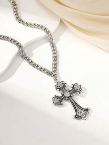 1pc European And American Punk Retro Cross Glass Pendant Necklace, Creative High-End Choker Necklace Suitable For Women's Daily Wear - Multicolor - View 4