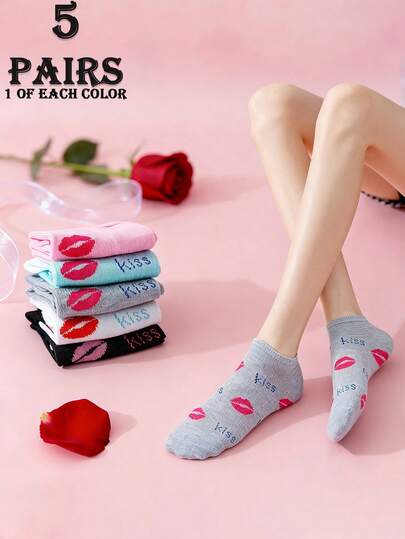5 pares de calcetines cortos y transpirables con estampado de labios y letras de beso, adecuados para uso diario y romántico