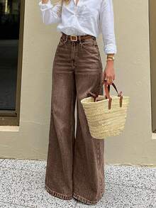 Quần jeans cạp cao phong cách American Baddie, quần jeans ống đứng dáng rộng kiểu retro dành cho nữ, thích hợp mặc cả bốn mùa xuân. - màu nâu - Xem 5