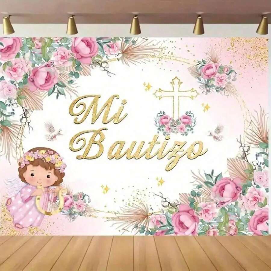1pc 2D Flat Elegant Pink Baptism With Golden & Floral Design Polyester Photography Backdrop First Youngsters Shower Or Party Decor Baptism Decorations Ornaments - 多色 - 查看 1