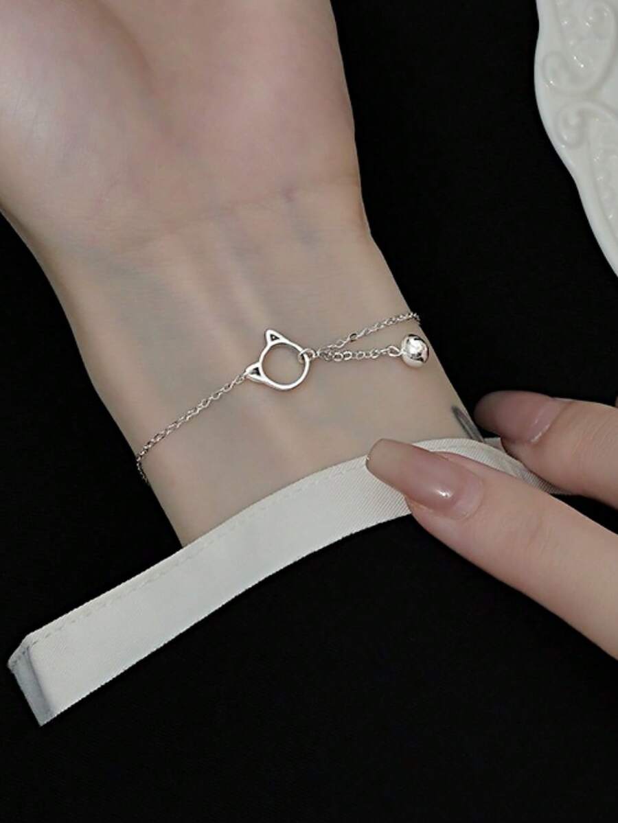 1pc S925 Sterling Silver Cute Hollow Cat Bracelet, Sweet & Fresh Campus Style Design, Unique Animal Jewelry Gift For Women - Cat - View 1