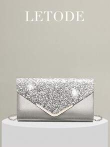 LETODE Women's Evening Clutch Bag With Rhinestone Ear Clips, Bridal Wedding Necklace, Bracelet, Dangle Shiny Sequin Handbag - Silver - View 7