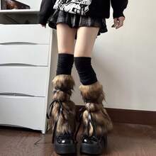 1 Pair Y2K Subculture New Fuzzy Sock Covers With Straps, Faux Fur Leg Warmers, Retro Thick Slouch Leg Warmers For Women - Multicolor - View 4