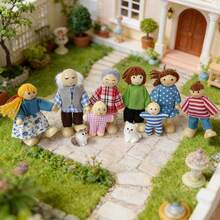 10pcs Miniature Wooden Family Figures Set With Cat And Dog, Posable Dollhouse Characters, Micro Landscape Garden Decor, Home Desktop Decoration Gift - Multicolor - View 3
