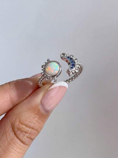 1 Piece 925 Sterling Silver Vintage Sun-Moon Open-Back Ring For Women Adjustable Ring For Daily Wear, Parties, And Holiday Gifts Exquisite Jewelry Gift