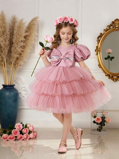 Young Girls' Puff Sleeve Sequin Bow Multilayer Tulle & Satin Elegant Birthday Party Dress, Suitable For Flower Girl, Wedding, Formal Occasion, Does Not Include Headband