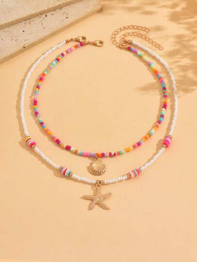 2 chiếc vòng cổ mặt dây chuyền hình vỏ sò đính hạt nhiều màu sắc theo phong cách Bohemian, vòng cổ hai lớp cho nữ đi nghỉ mát ở bãi biển, hạt màu được sắp xếp ngẫu nhiên.