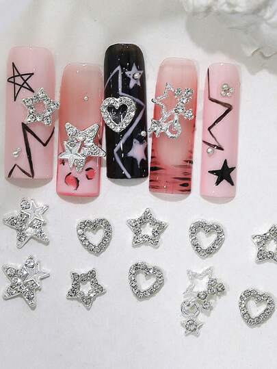 Alloy Nail Art Accessories 10 Pieces Simple And Cute Y2K Hollow Five-Pointed Stars, Hollow Hearts, Five-Pointed Star Pendants, Hollow Double Stars - Female Nail Decorations, Beauty Decorations, DIY Decorations, Phone Case Decorations, Summer Nail Art Accessories