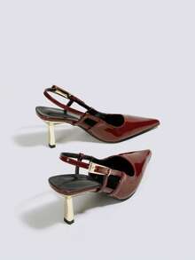 Giày cao gót nữ màu đỏ tía, giày cao gót hở mũi dự tiệc, giày cưới, giày Mary Jane, giày cao gót mũi nhọn có khóa cài. - Màu Đỏ Sâu - Xem 5