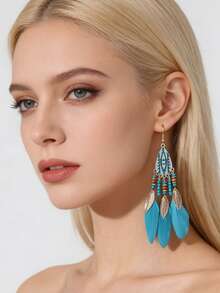 1 Pair Fashionable Exaggerated Retro Feather Bohemian Peacock Blue Elegant Earrings - Peacock Orchid - View 2