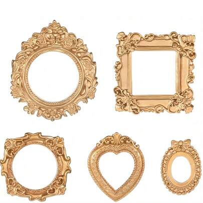 5 Pieces Mini Retro Light Luxury Baroque Series Hollow Resin Photo Frame Decoration, DIY Fairy Tale World Doll House Photo Frame Decoration, Micro Landscape Statue Handicraft Window Decoration, Providing Personalized Surprise Gifts For Family And Friends, Store Jewelry Nail DIY Landscape Decoration Accessories