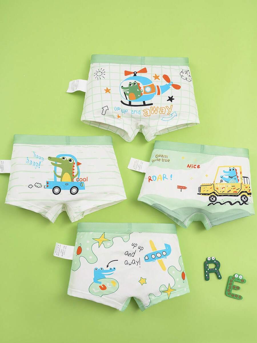 4pcs Boys' Underwear, Comfortable Breathable Cartoon Crocodile, Car, Helicopter Print, Kids Shorts - Multicolor - View 1