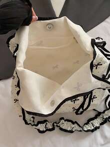 Niche Polka Dot Canvas Bag With Bow Detail, Sweet And Girly Style, Drawstring And Pleats, Suitable For Everyday Student Commuting, Shoulder Bag. - White - View 12