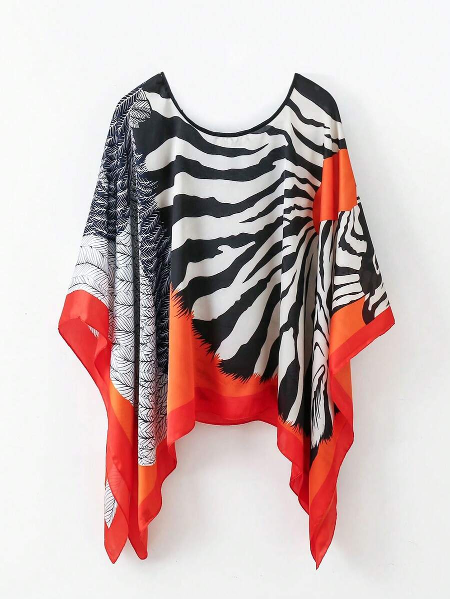Women's Printed Fashionable Pullover Shawl Chiffon Beach Cover-Up, Bohemian Pullover Sunscreen Clothing For Daily Decor - Multicolor - View 1
